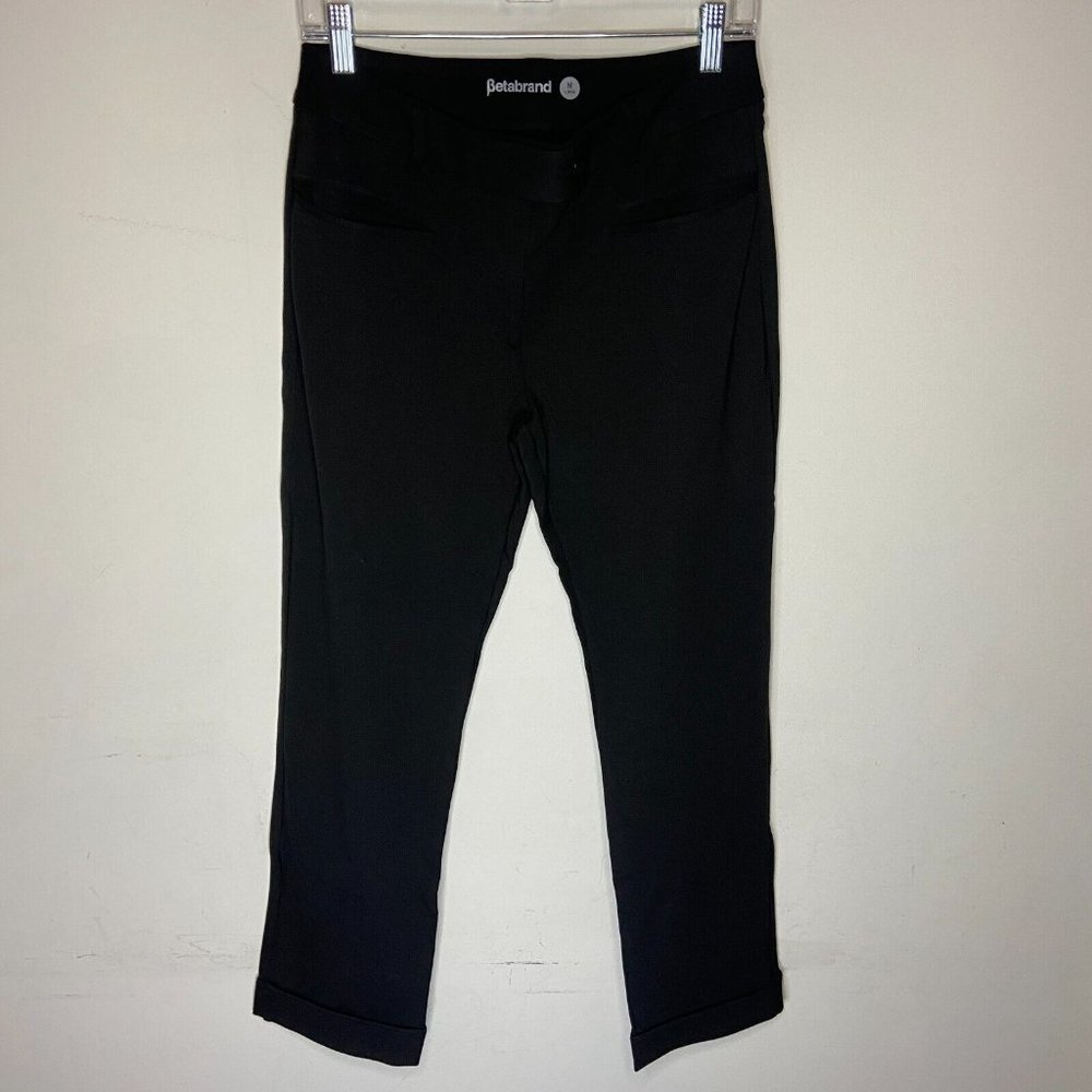 Betabrand Women M Long Crop Lite Dress Pant Yoga Pants Pockets Zip Button Black